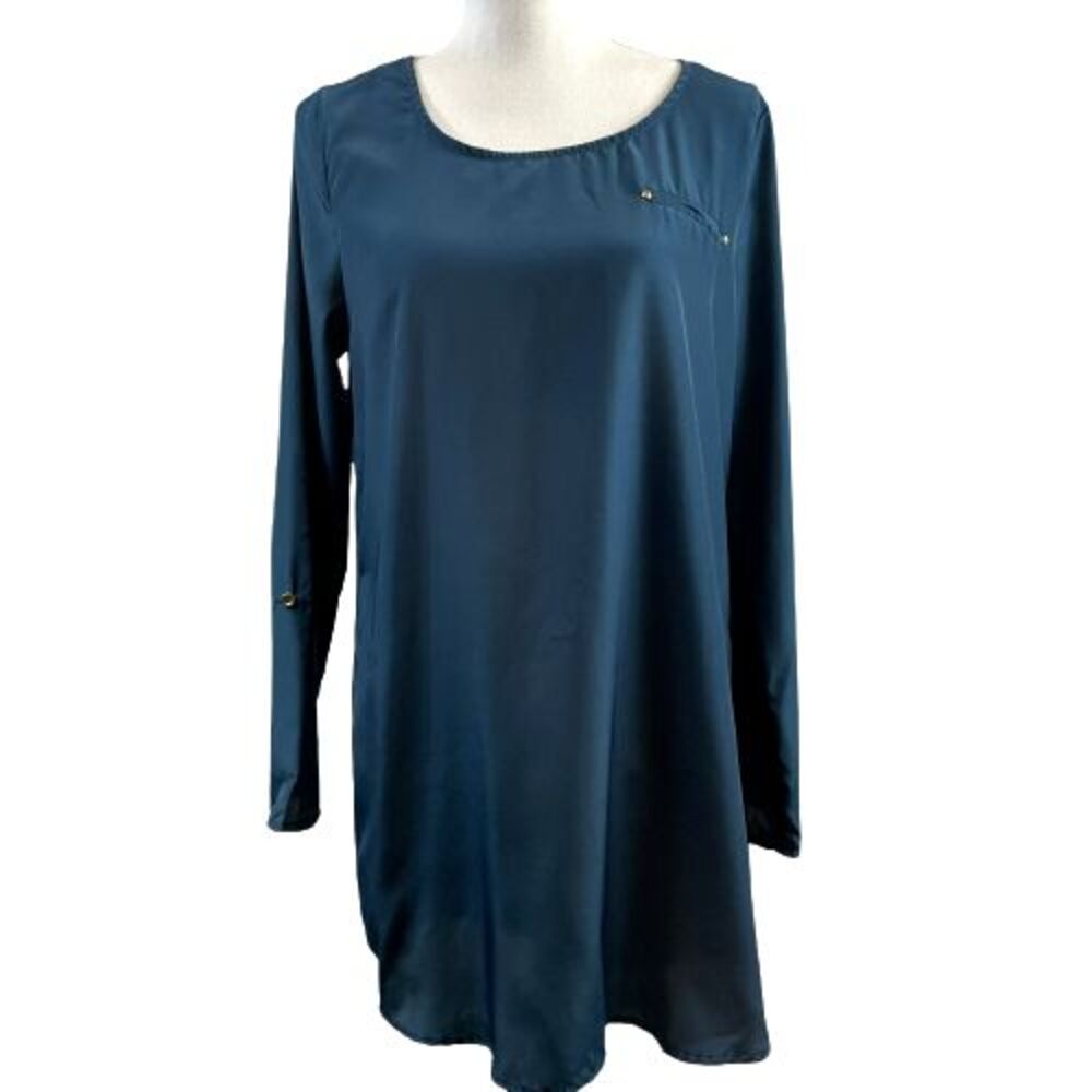 Anthropologie EM Women's L Teal Blue Chiffon Slip-On Dress with Long Sleeves